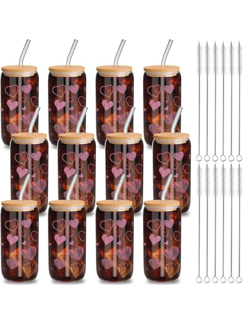 12 Pink Heart Glass Tumblers 16oz with Bamboo Lids & Straws - Perfect for